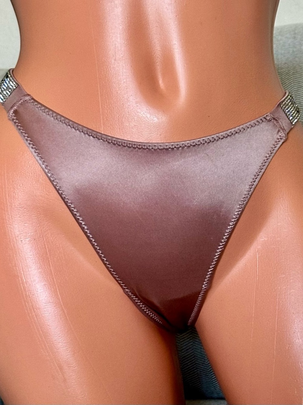 Satin High-Cut Thong Panties in Chocolate Brown